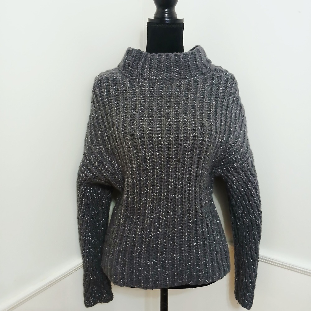 Express Womens Charcoal Grey Silver Wool Blend Mock Neck Chunky Sweater M‎